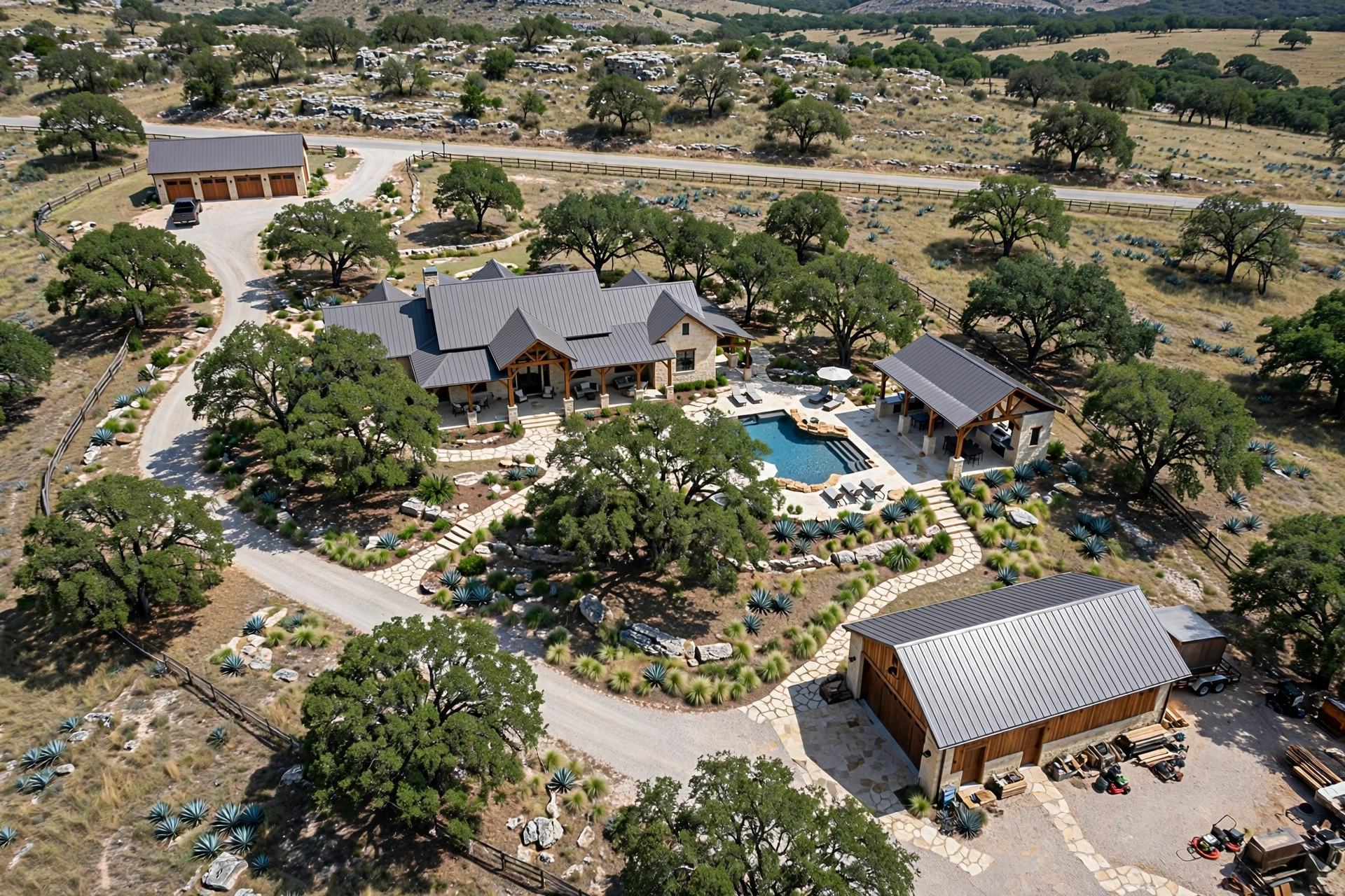 Aerial view of a Hill Country property with multiple freestanding structures placed around the home and pool