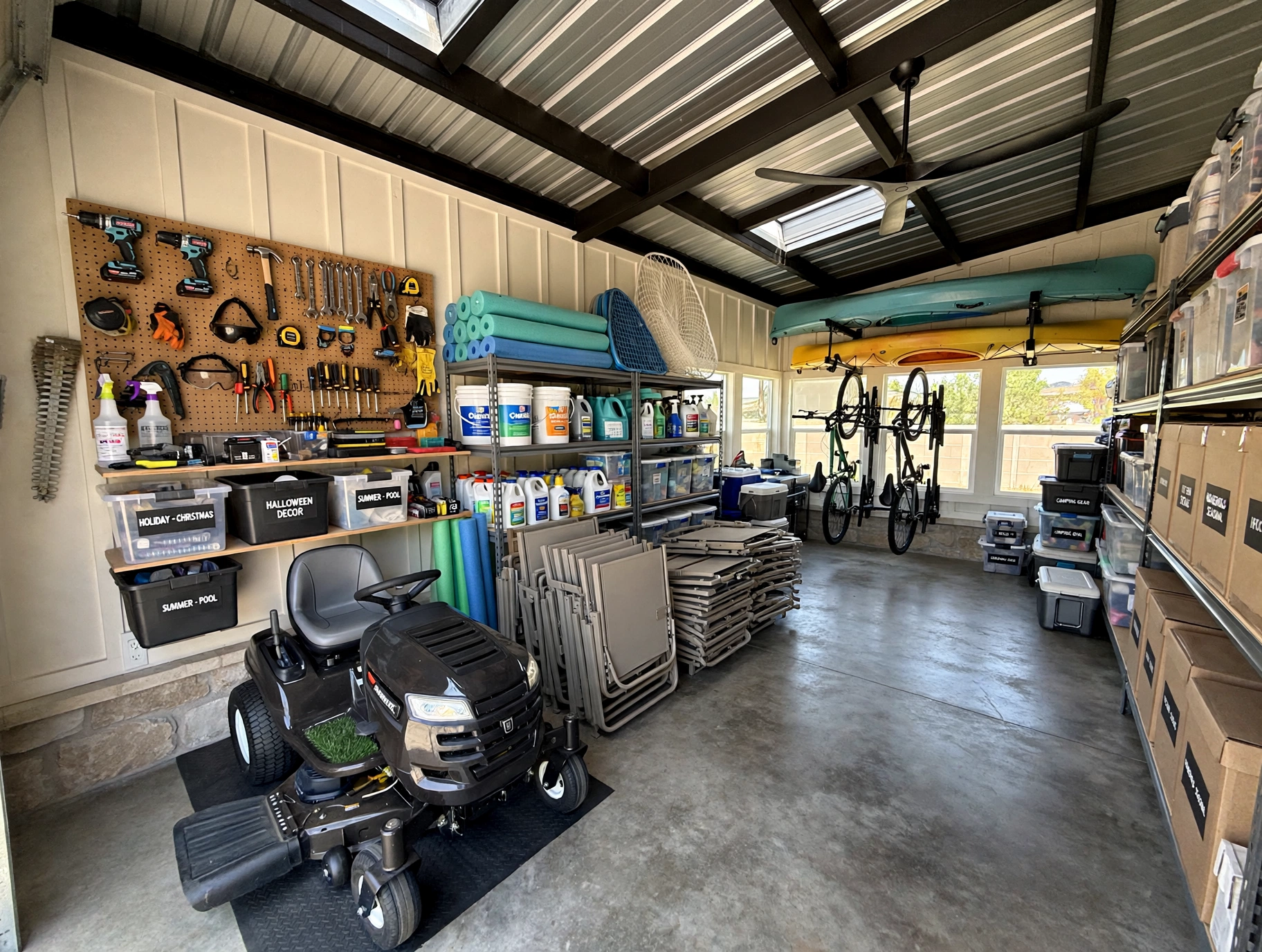 Custom storage building interior with organized tools, lawn equipment, shelves, and racks built by TWT in the Austin area