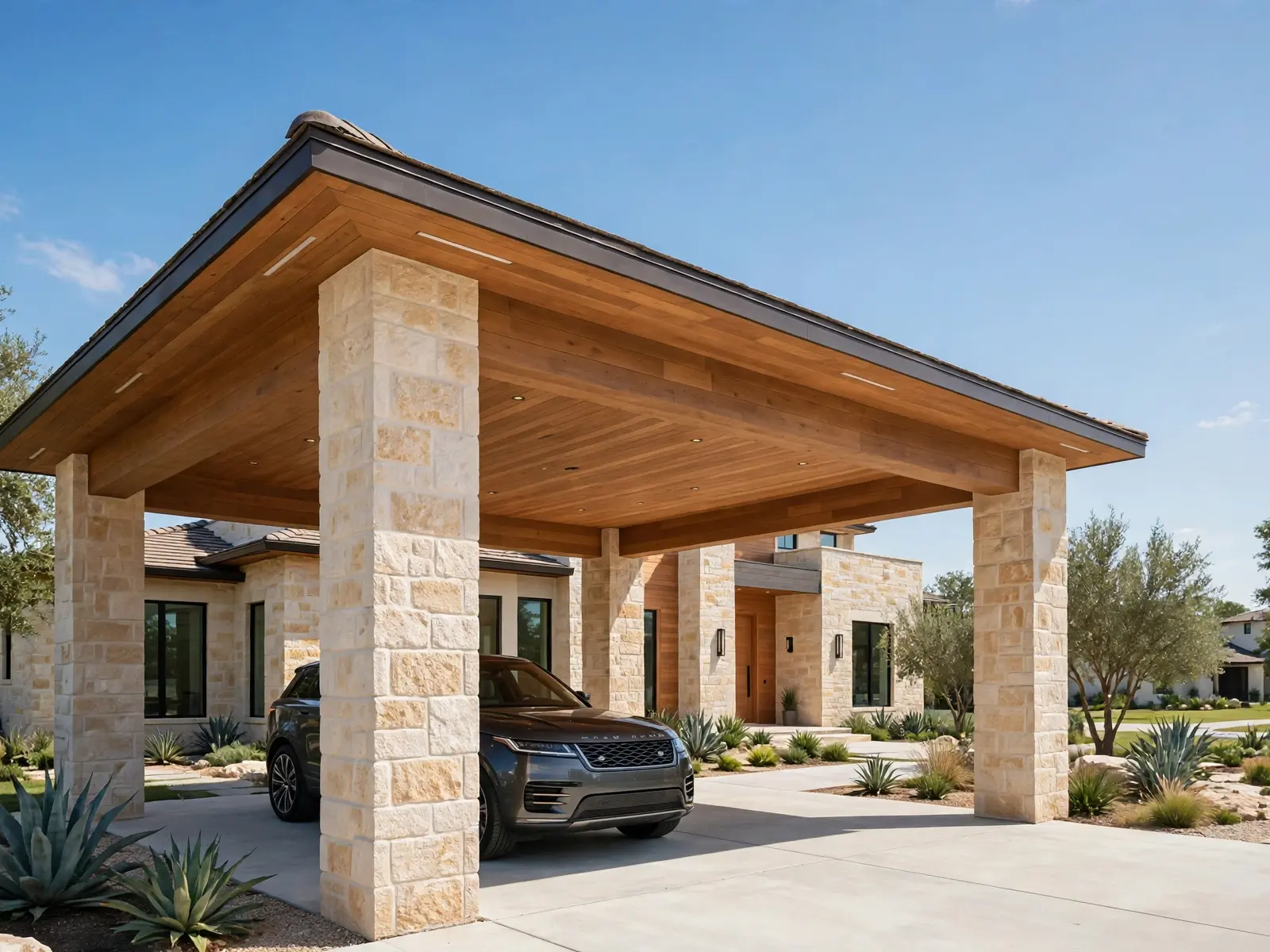 Custom carport with stone columns, a finished wood ceiling and a metal roof, covering a parked SUV