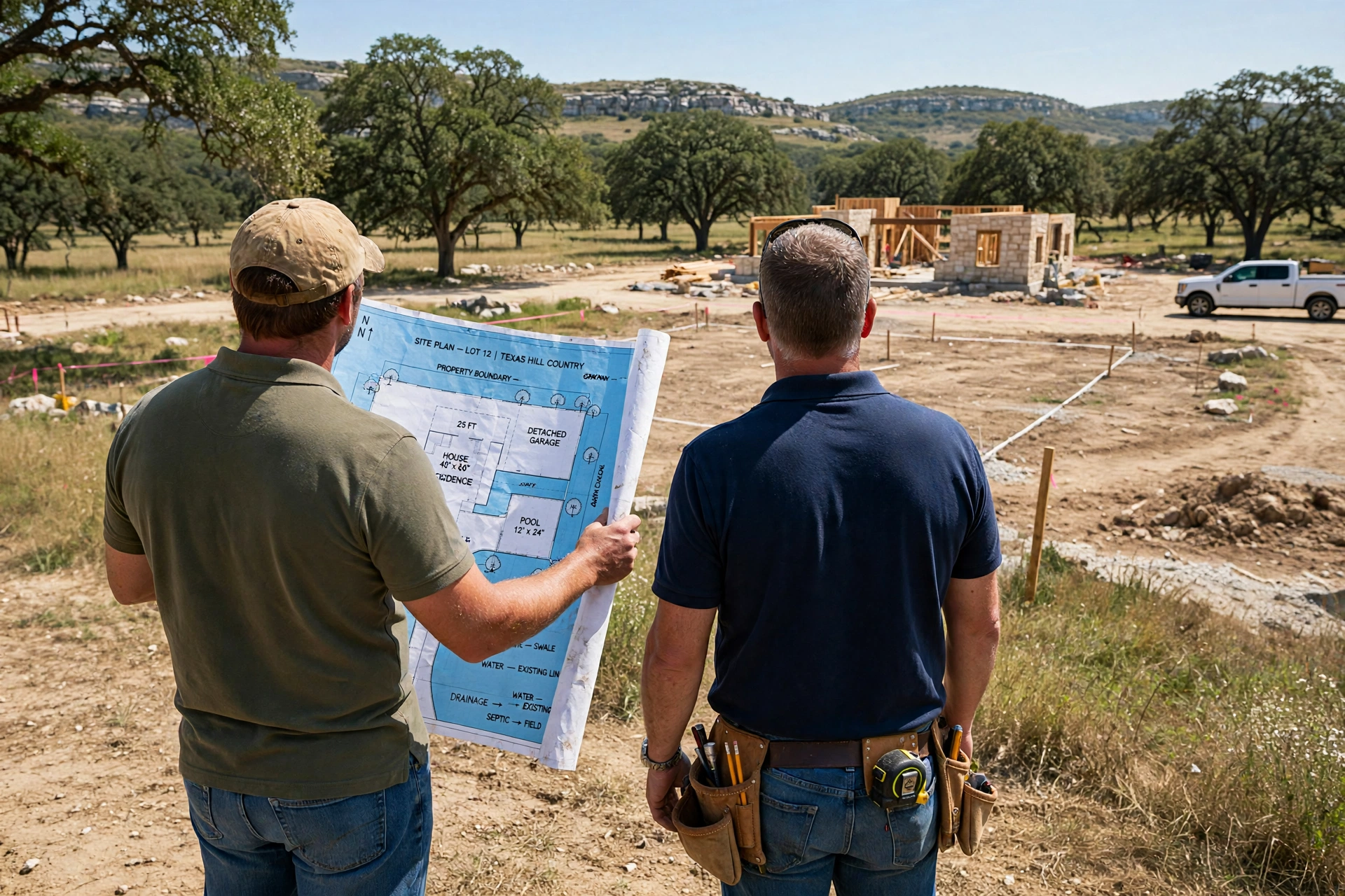 TWT team reviewing a site plan blueprint on an active Hill Country build site