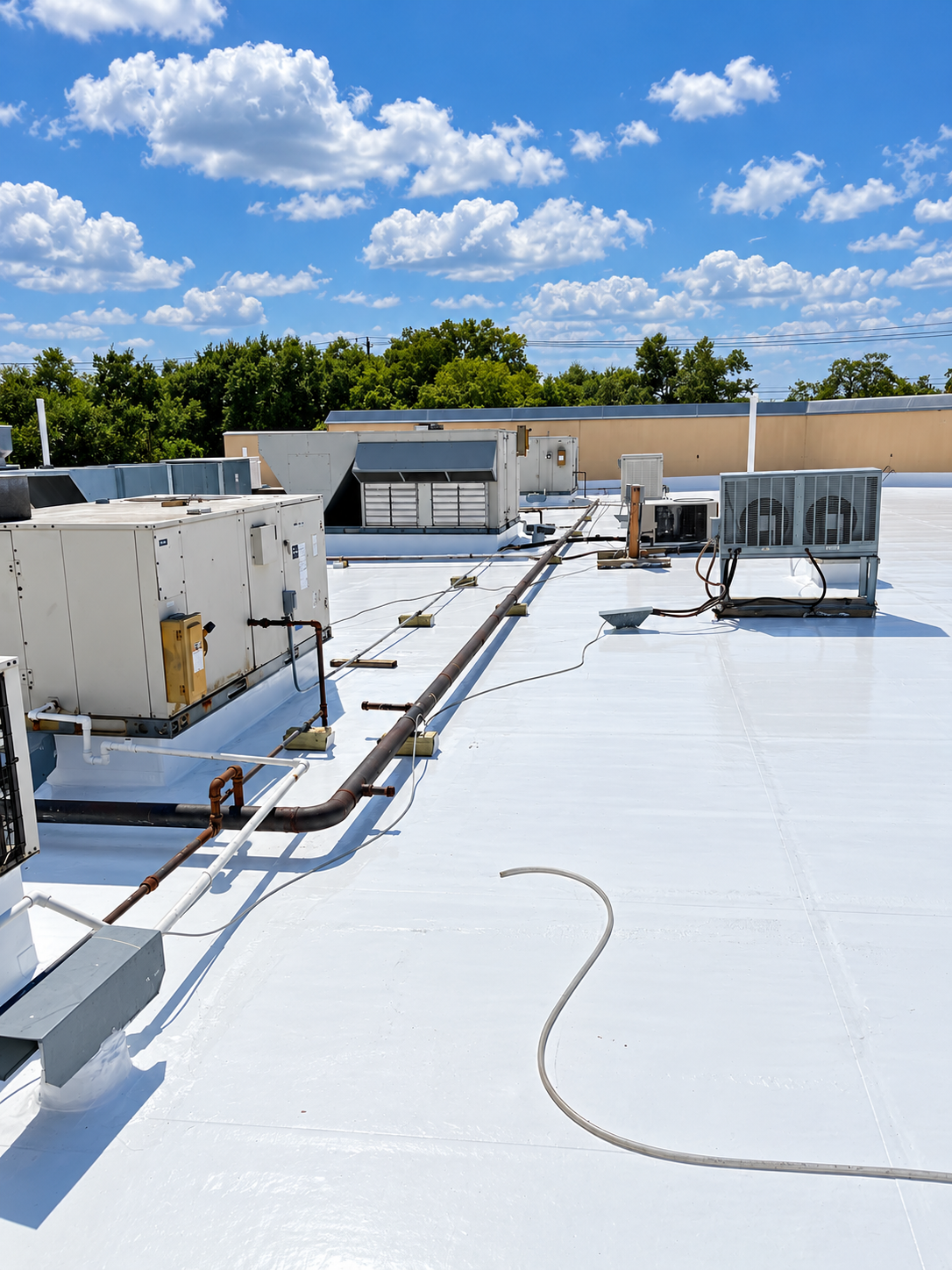 White TPO commercial roof with rooftop HVAC units and piping under a blue sky
