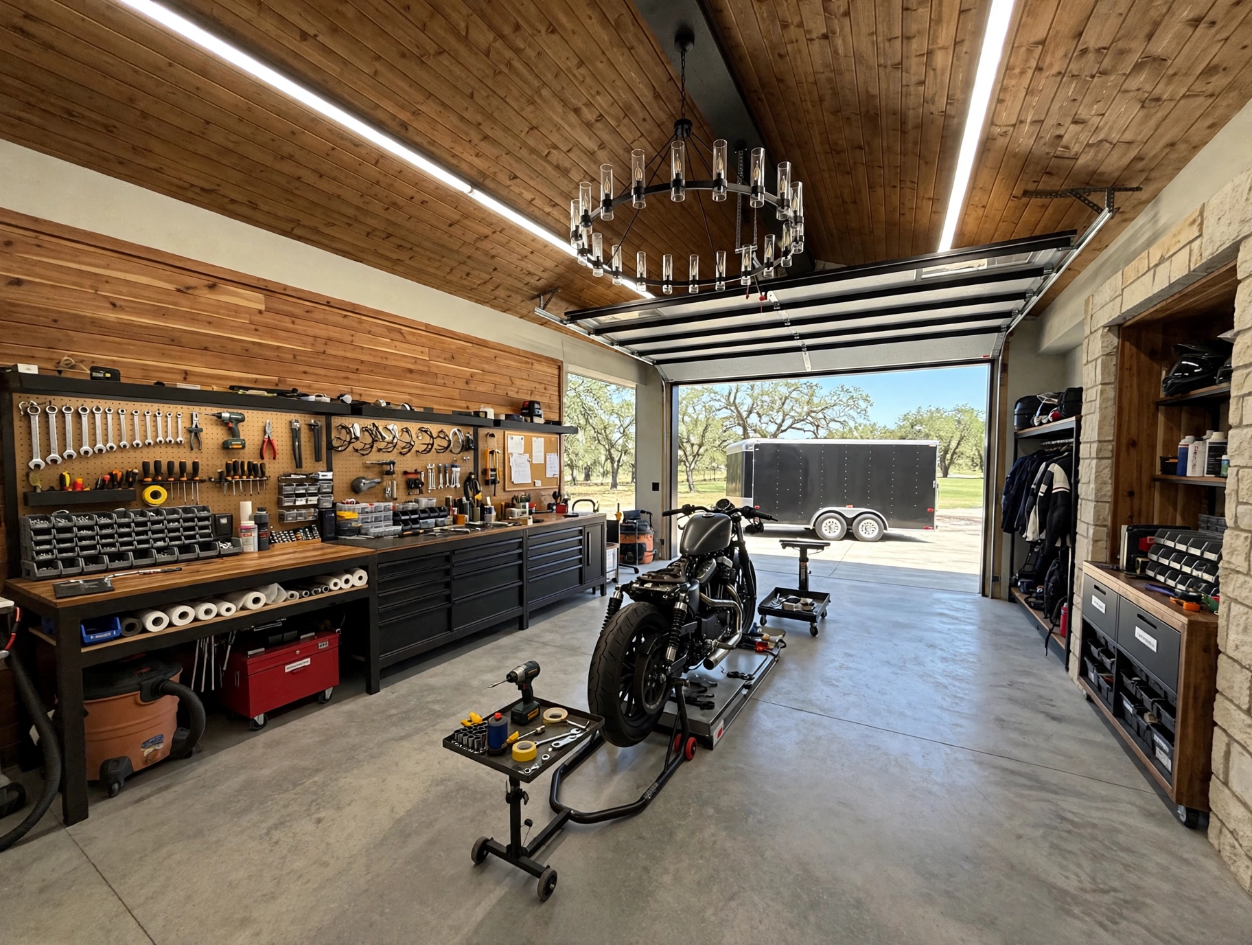 Custom workshop interior with organized tool wall, workbenches, motorcycle project, and polished concrete floor