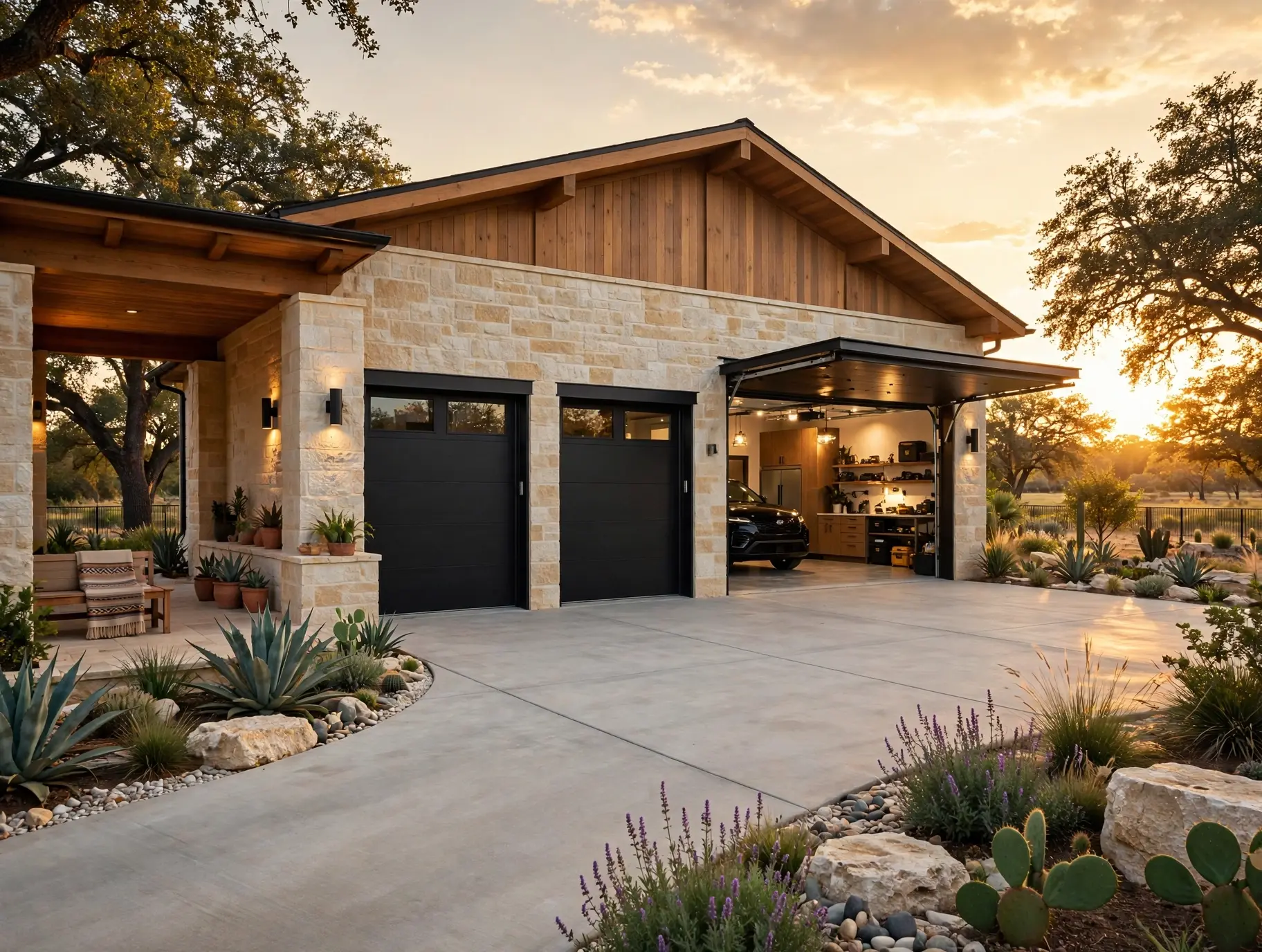 Custom stone and wood detached garage with black overhead doors at sunset, built by TWT in the Austin area
