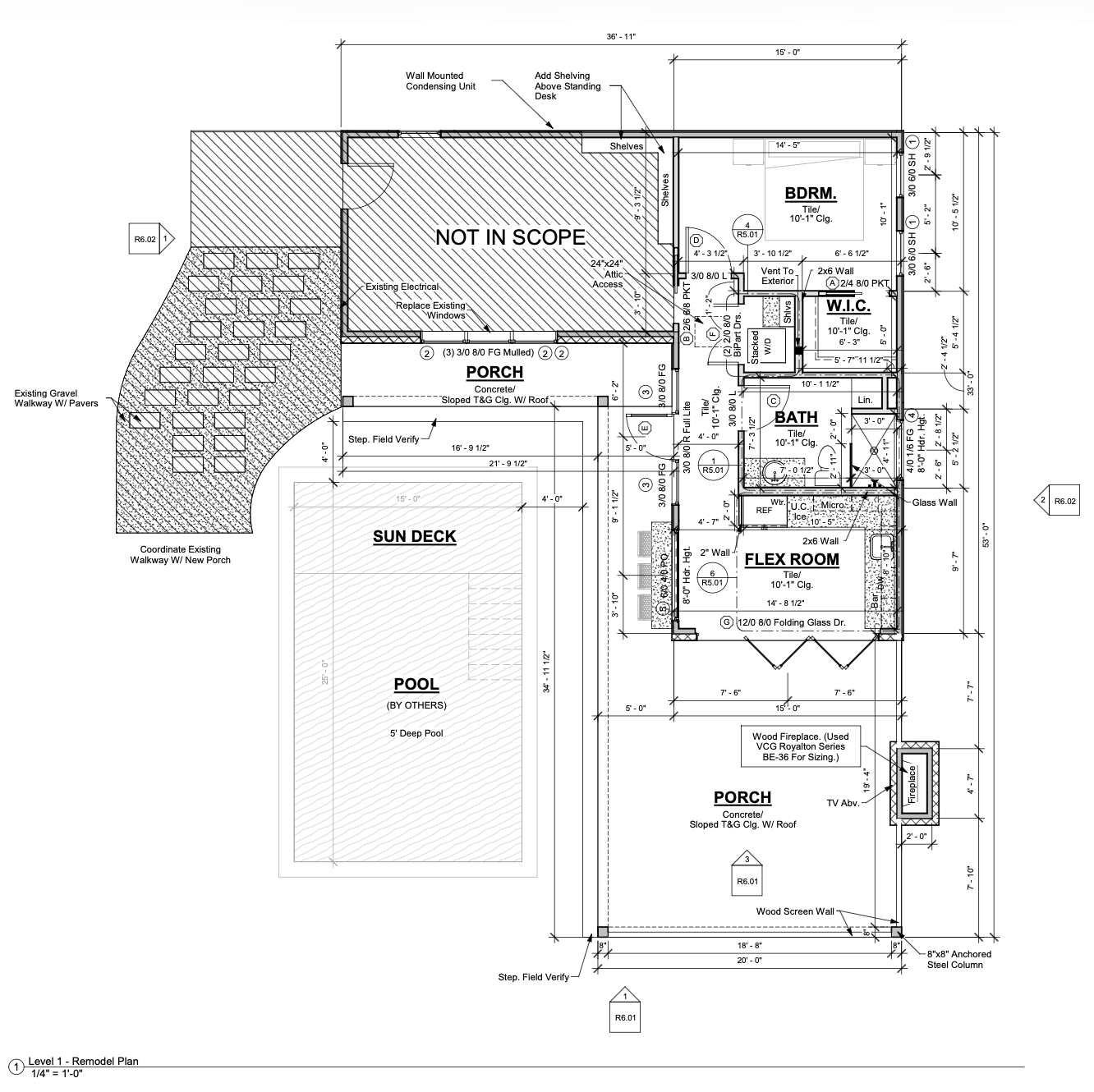 Site plan drawing showing pool, sun deck, porch, flex room, bedroom, bath and fireplace placement on the property