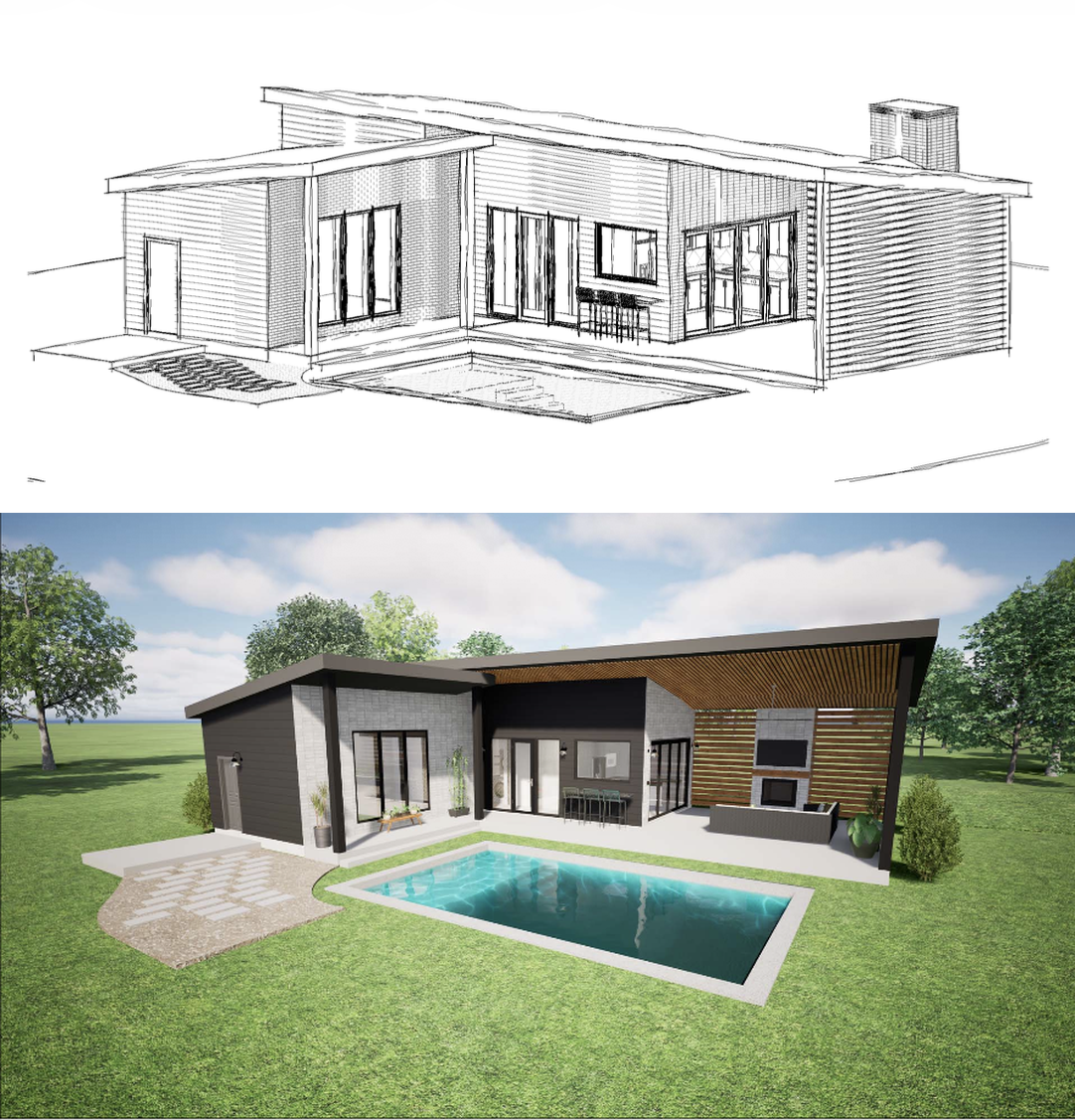 Architectural sketch and 3D rendering of a modern poolside structure, showing design through visualization