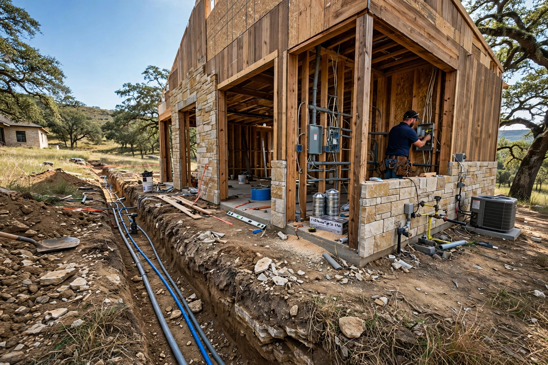 Electrical, plumbing and utility rough-in during construction of a custom TWT structure in the Austin area
