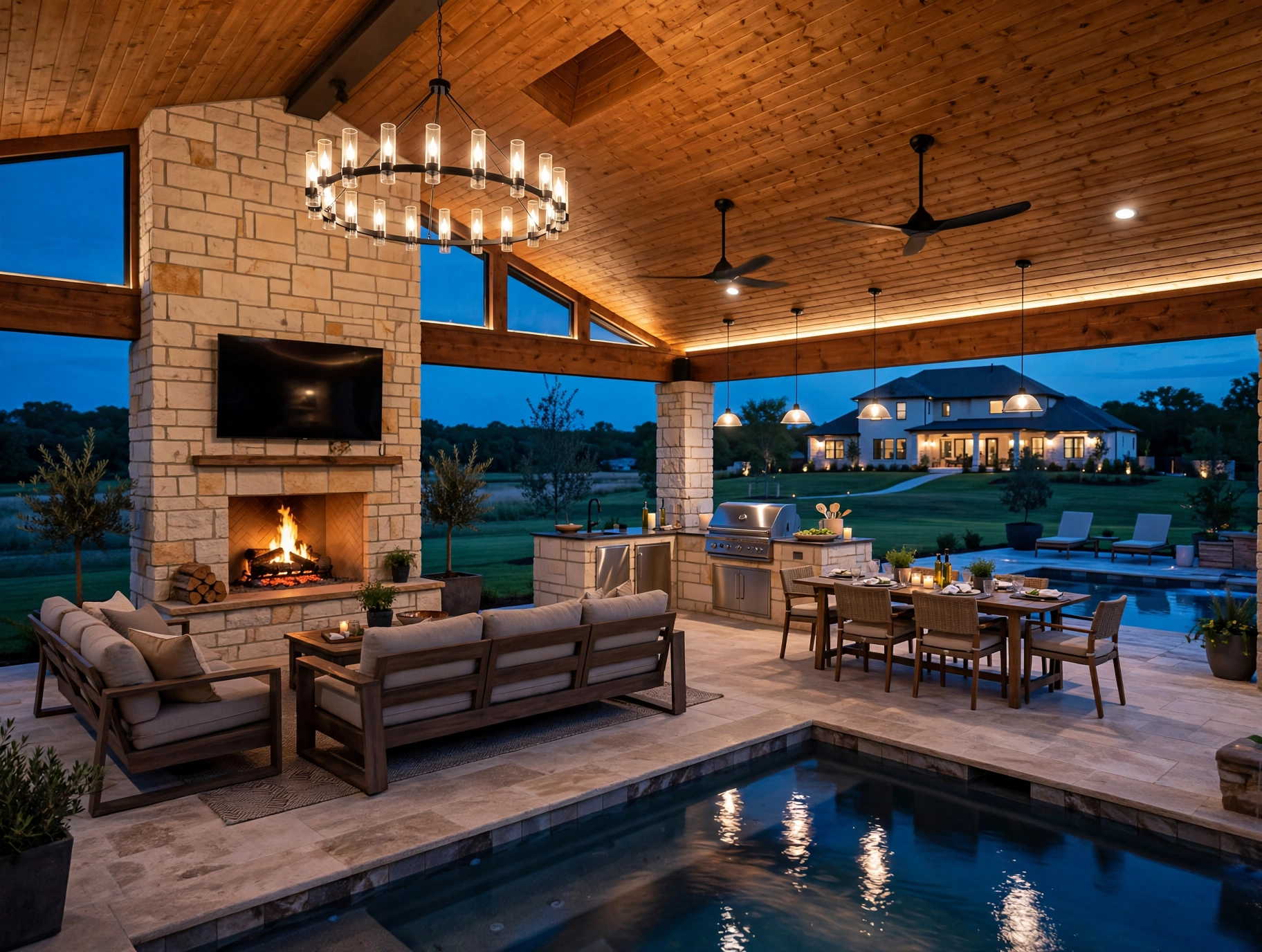 Freestanding pavilion with stone fireplace, outdoor kitchen, dining area, pool, wood ceiling and chandeliers at dusk