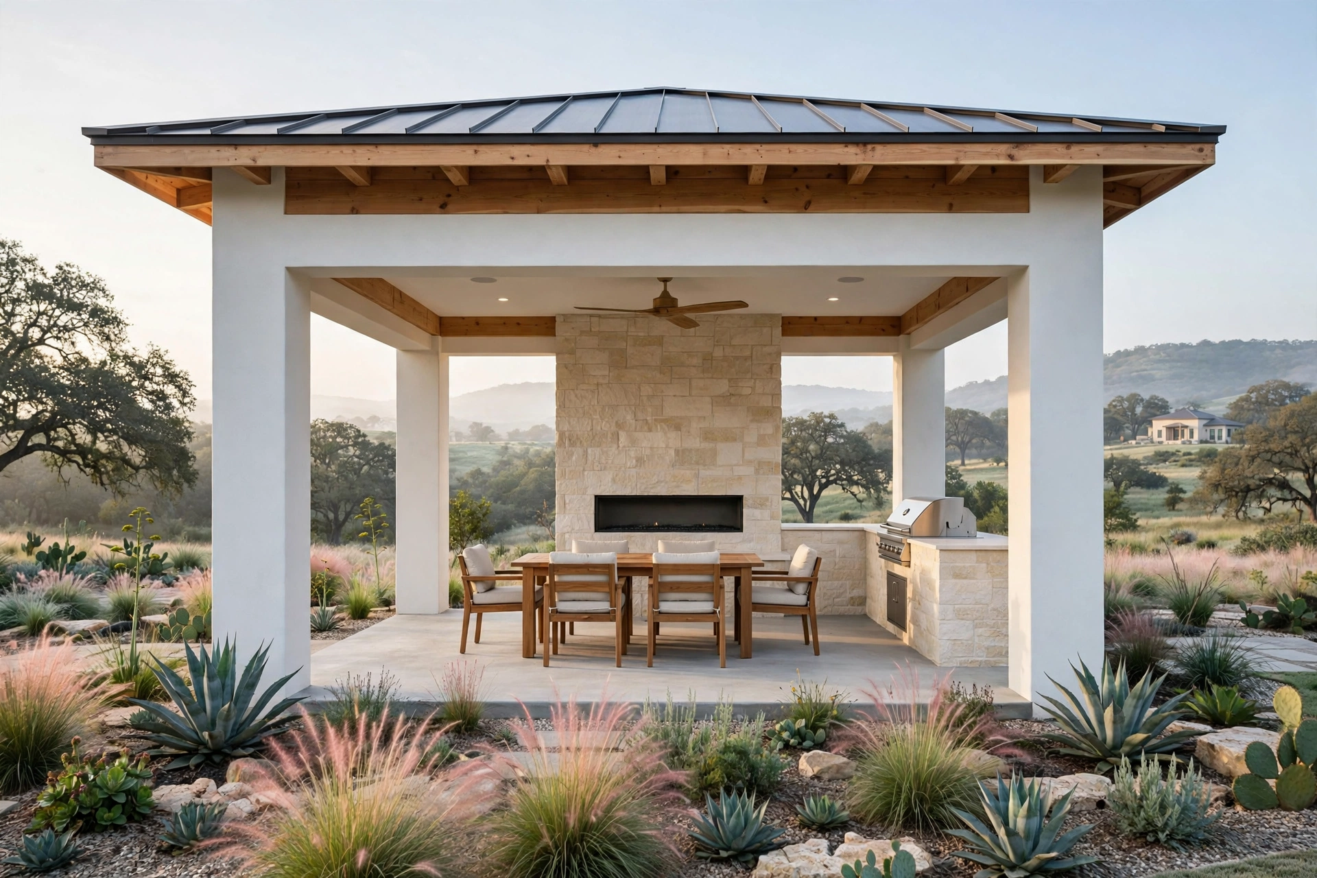 Freestanding Hill Country pavilion with stone fireplace, outdoor grill and dining area