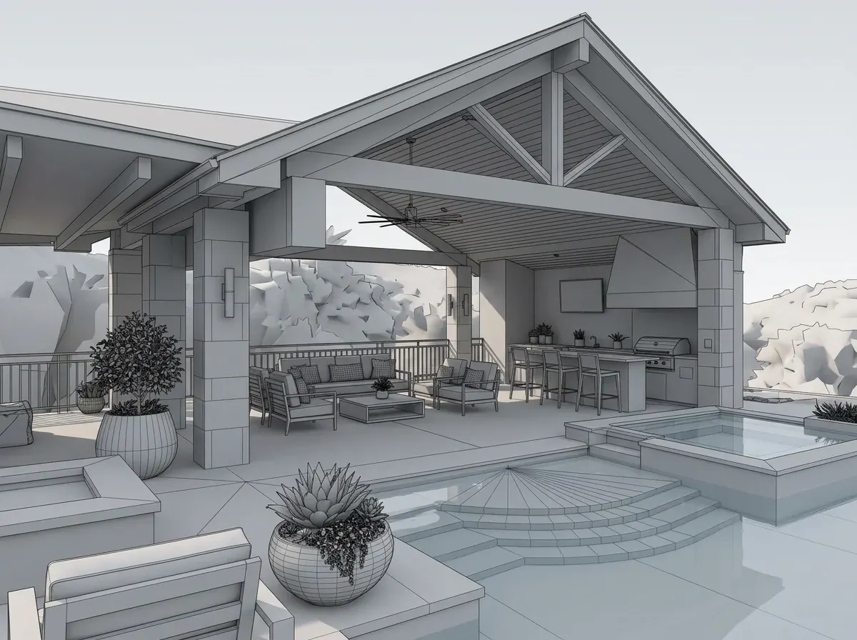 3D Design stage of a custom outdoor living design-build project