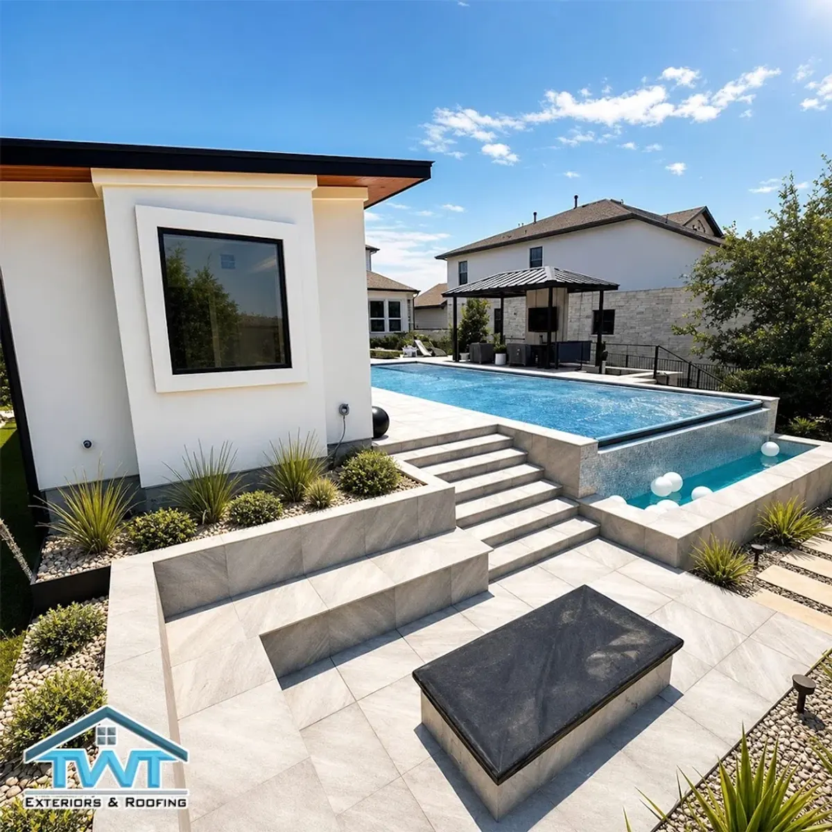 Pool terrace with tiered steps and a covered outdoor kitchen structure on a TWT project
