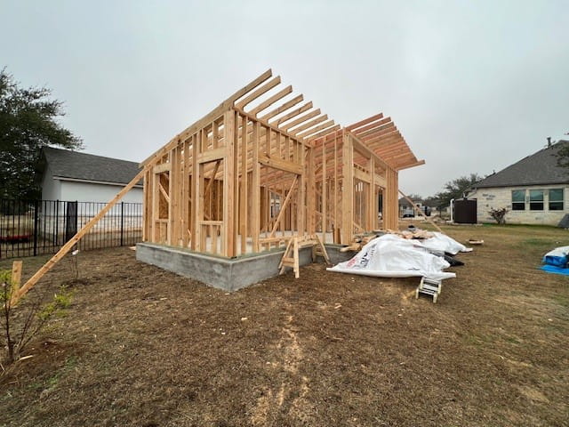 Residential construction framing project underway in an Austin, TX, neighborhood build site